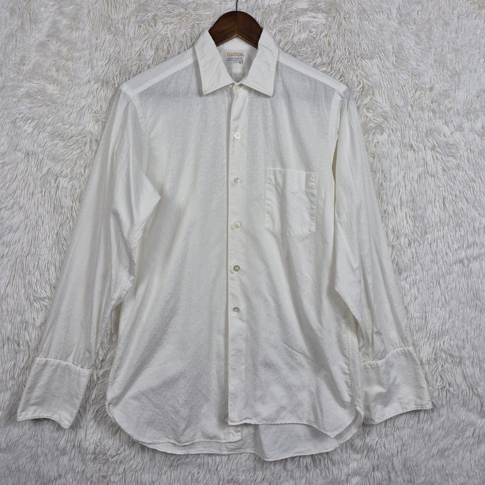 Vtg 50s Sears Pilgrim White Jacquard Dress Shirt Mens Lg French Cuff Lynn Collar